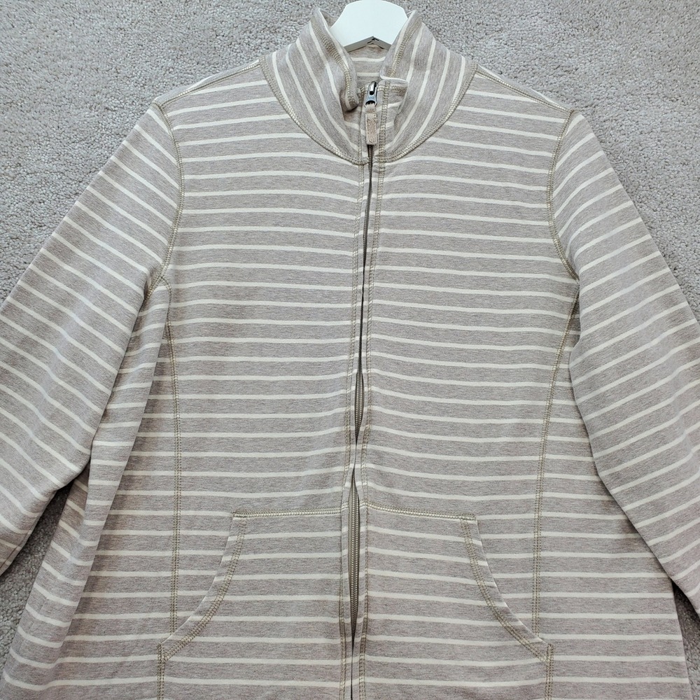 L.L.Bean Sweatshirt Womens 1X Plus Tan Nautical Striped Knit Mock Neck Full Zip